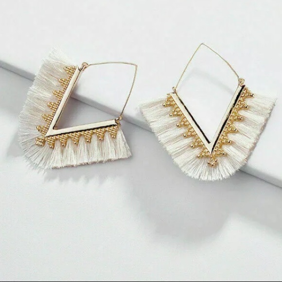 Jewelry - Ingrid White V Tassel Statement Earrings